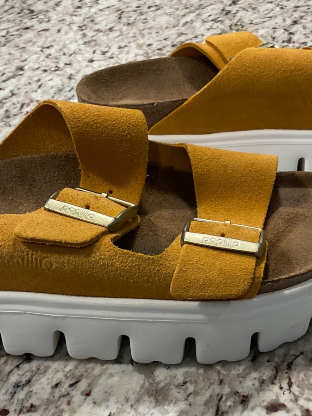 Papillio by Birkenstock Platform Slide Sandals — Mustard Suede — Size 37 - Picture 2 of 9
